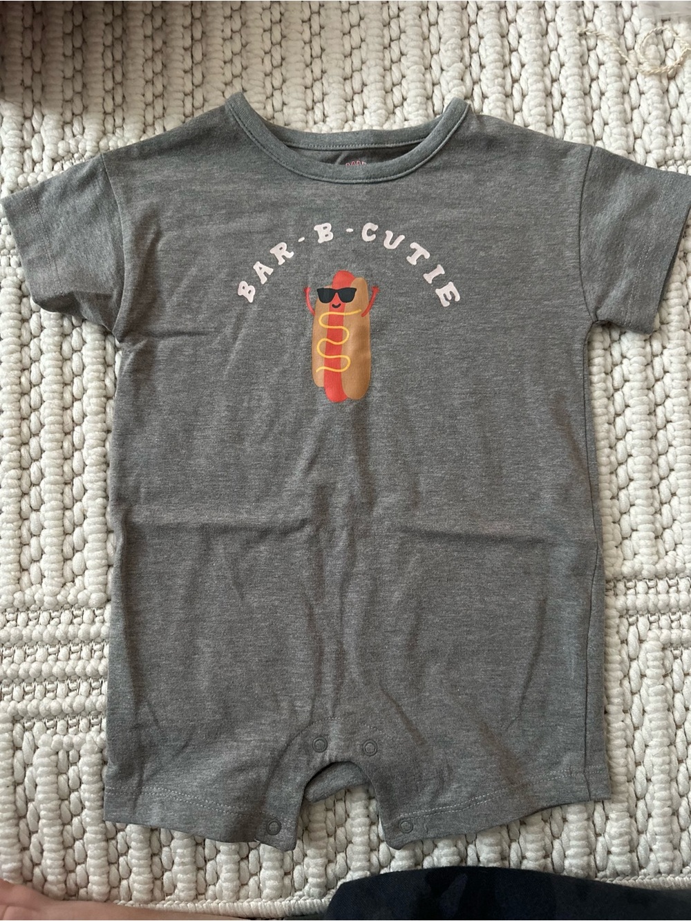 Gray Baby Romper with 'Bar-B-Cutie' Hot Dog Graphic